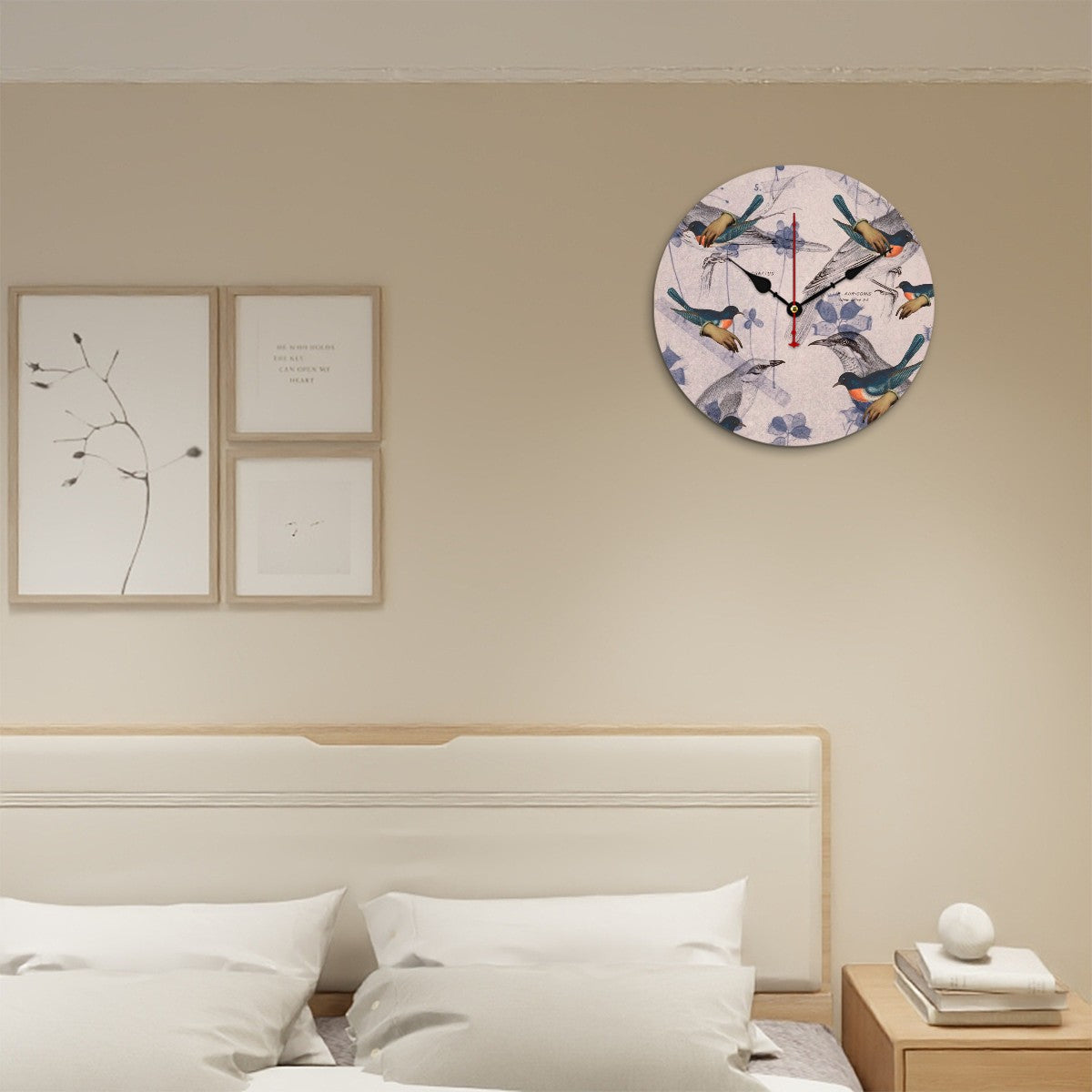 Reloj de pared de madera Rosa, Pájaros Celestes y Botánica