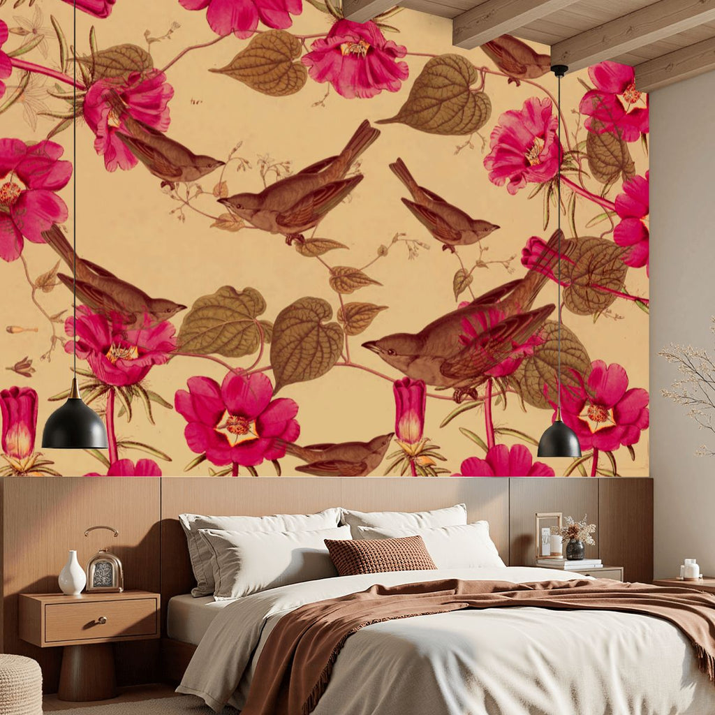 Papel mural Pájaros y elementos botánicos – Crema