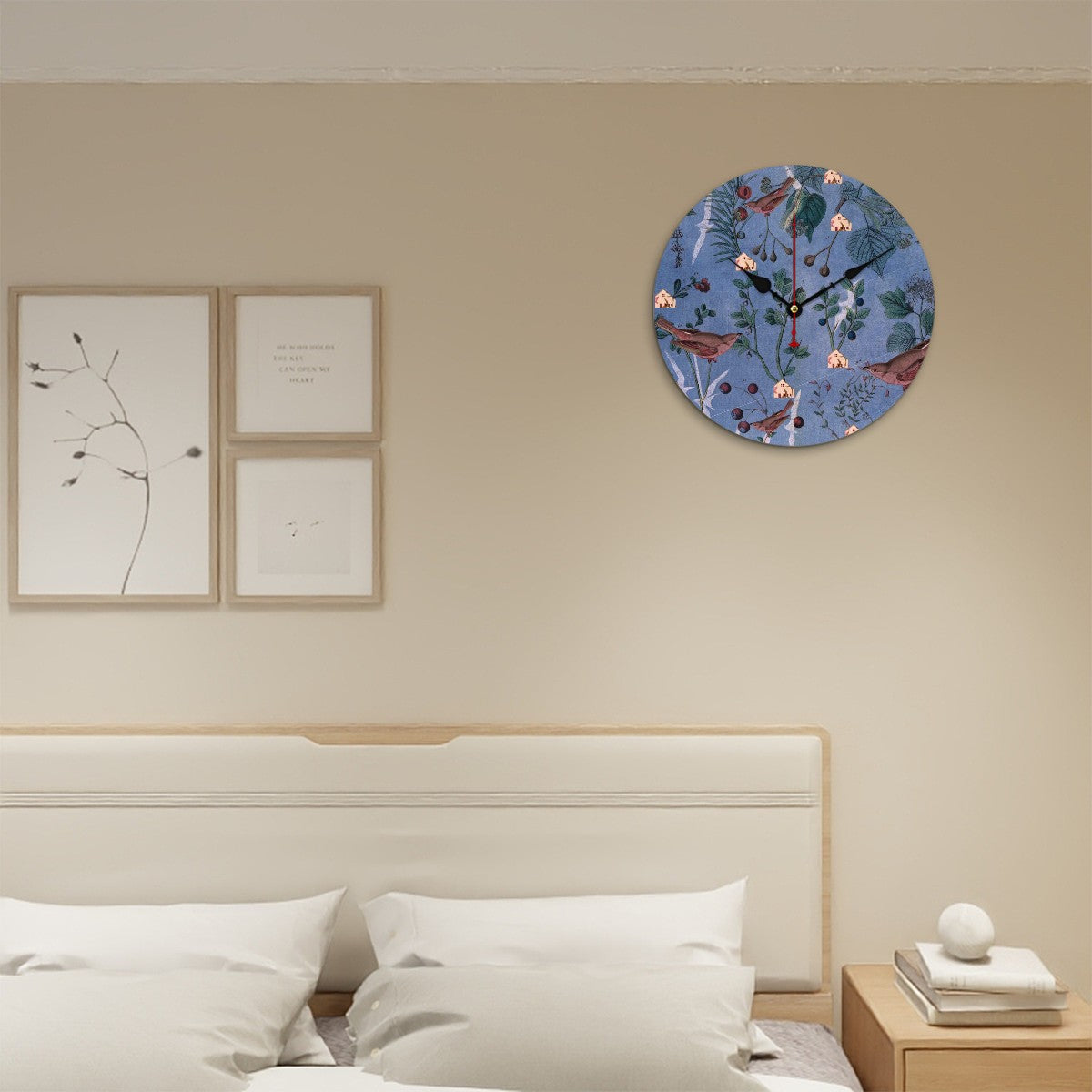 Reloj de pared de madera Lila, Pájaros y Botánica