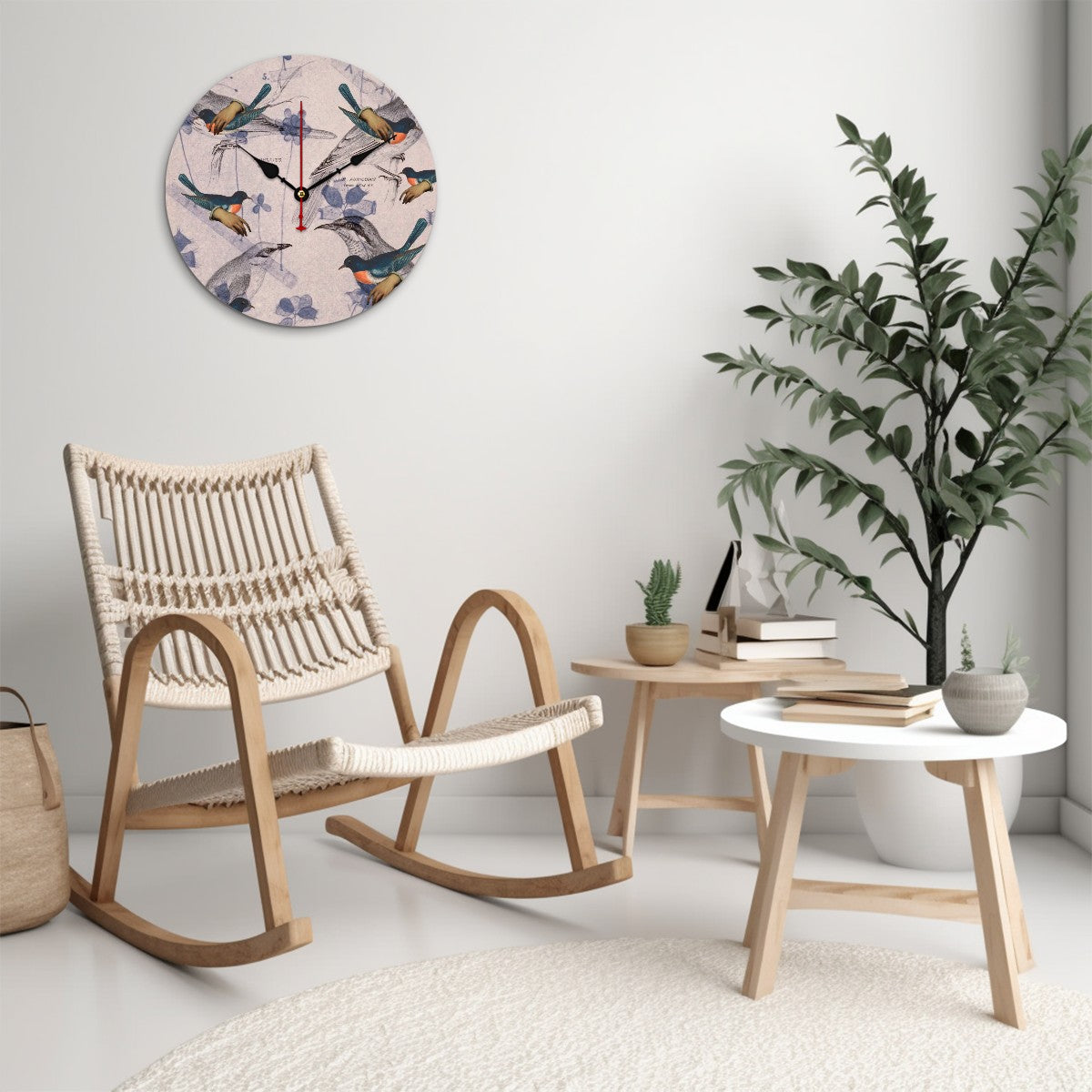 Reloj de pared de madera Rosa, Pájaros Celestes y Botánica