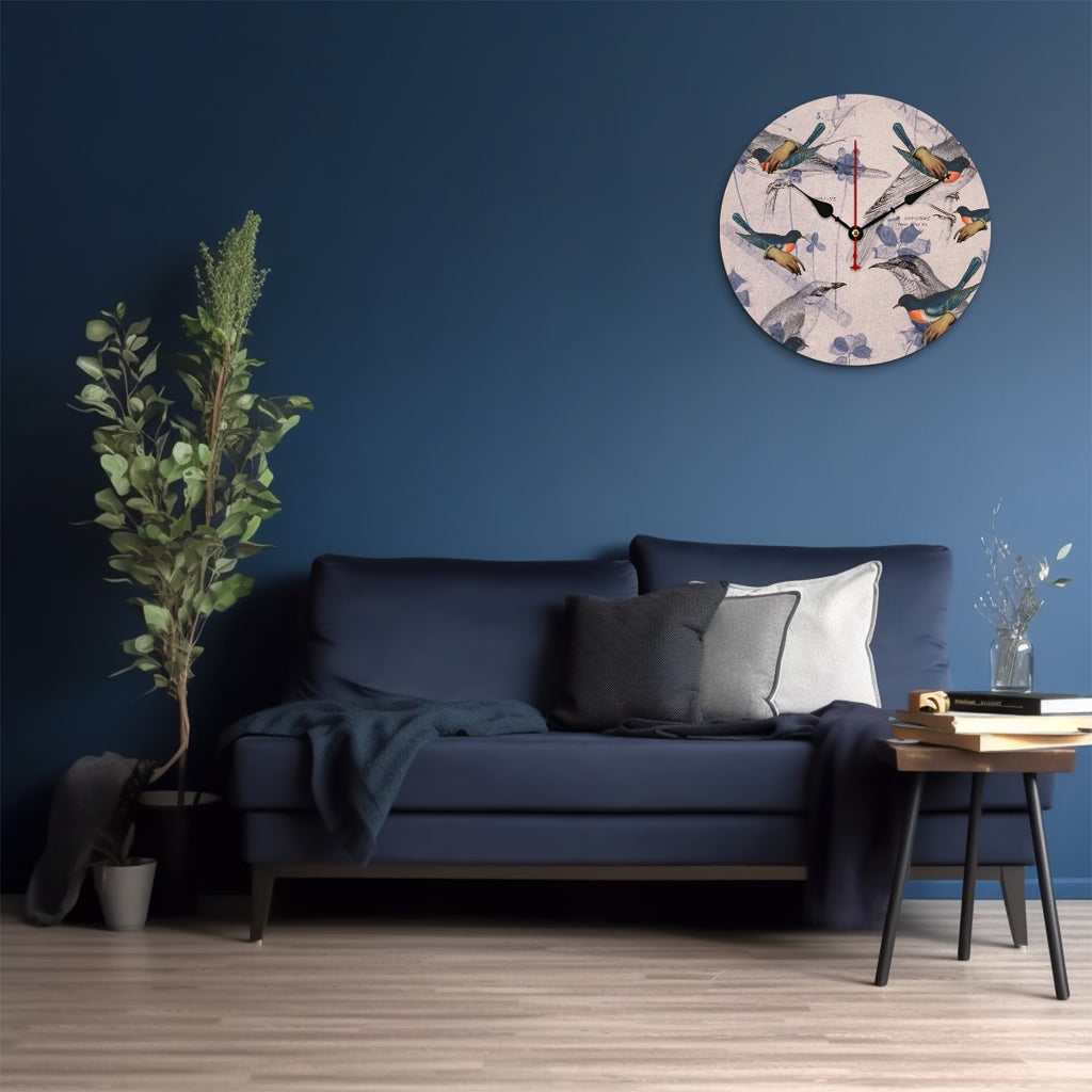 Reloj de pared de madera Rosa, Pájaros Celestes y Botánica