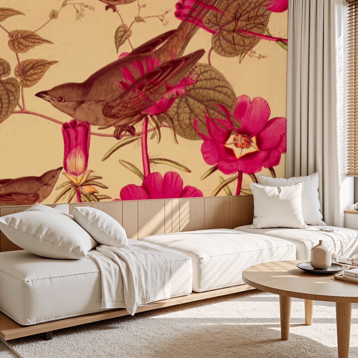 Papel mural Pájaros y elementos botánicos – Crema