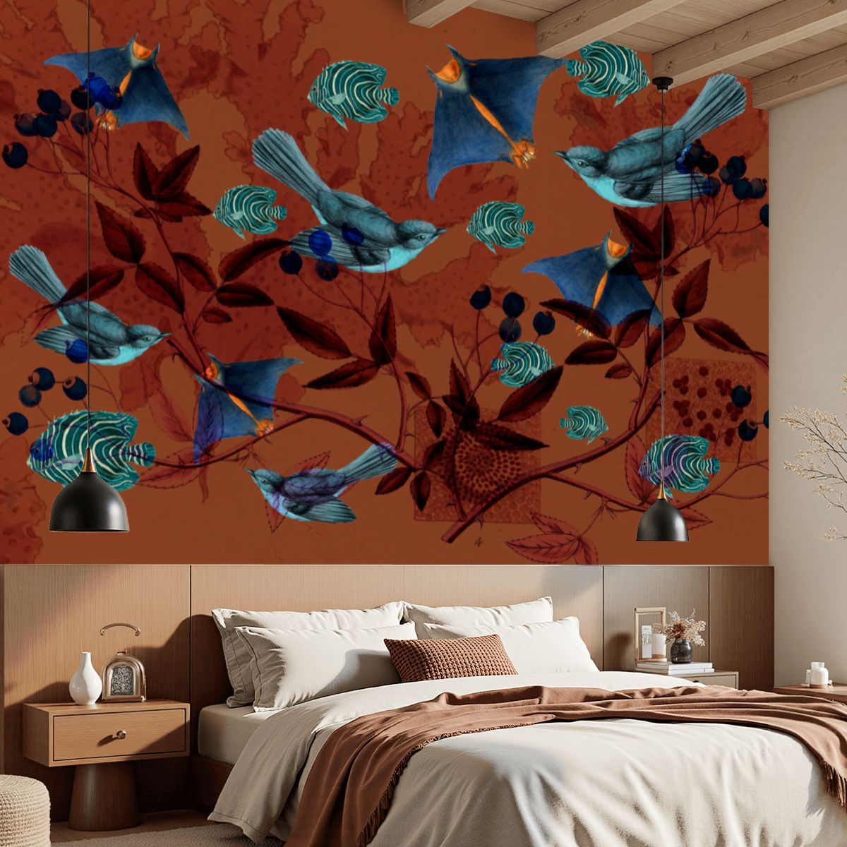 Papel mural Pájaros celestes – Marrón