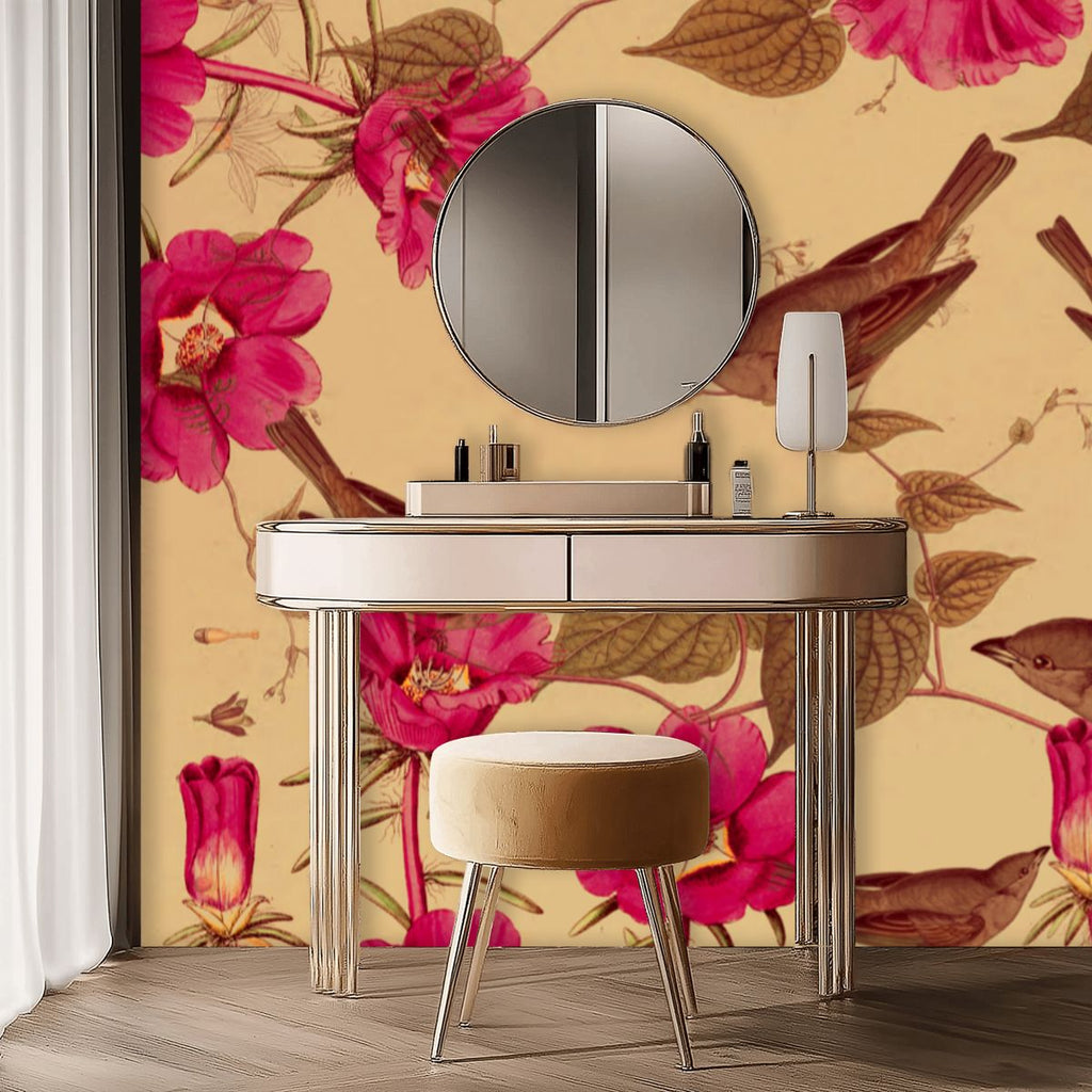 Papel mural Pájaros y elementos botánicos – Crema