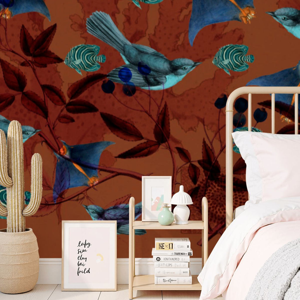 Papel mural Pájaros celestes – Marrón