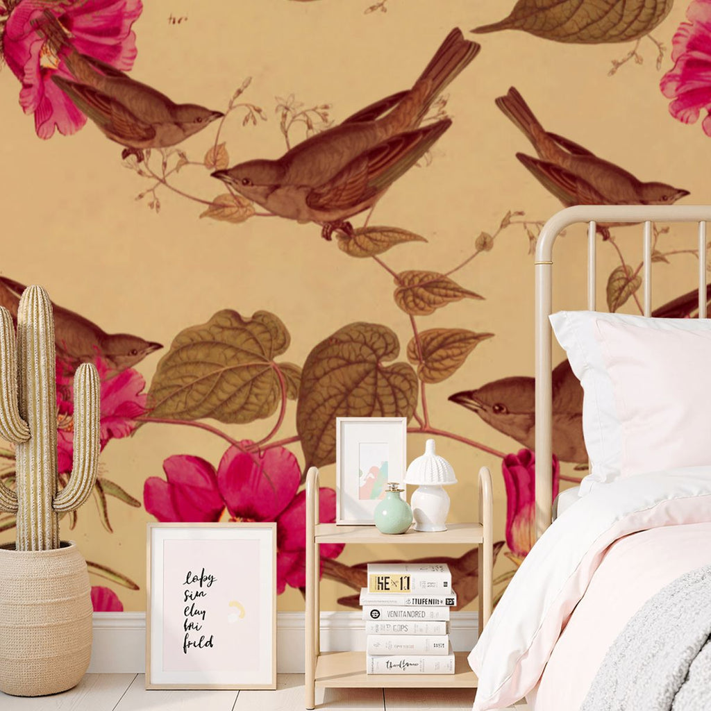 Papel mural Pájaros y elementos botánicos – Crema