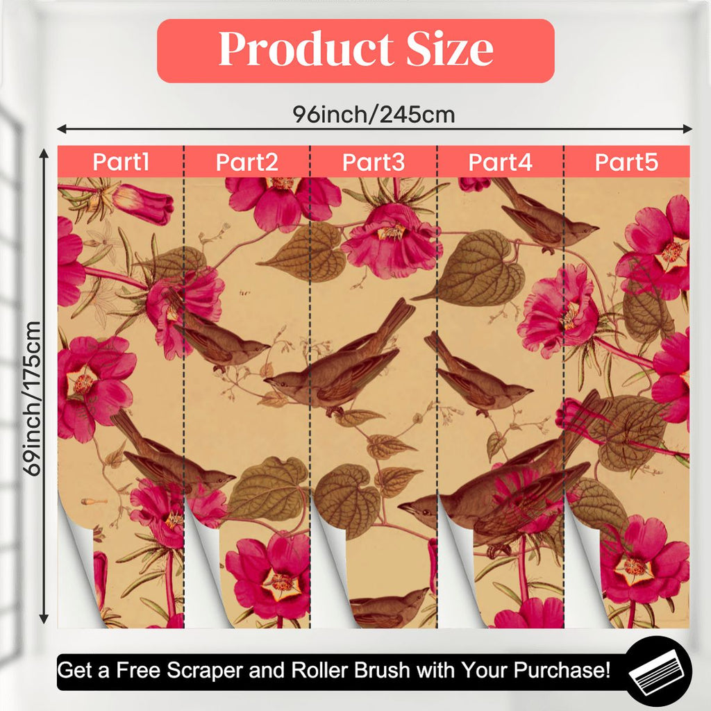 Papel mural Pájaros y elementos botánicos – Crema