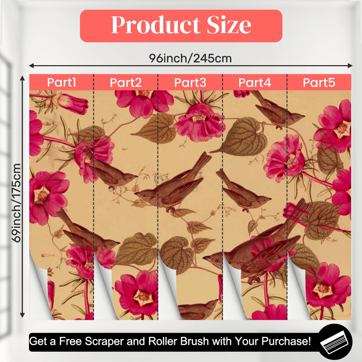 Papel mural Pájaros y elementos botánicos – Crema