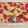Papel mural Pájaros y elementos botánicos – Crema
