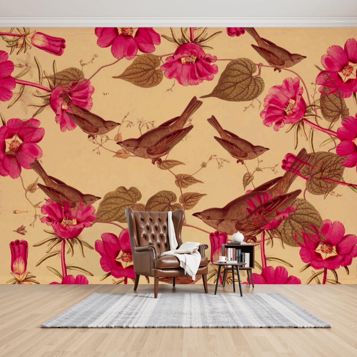 Papel mural Pájaros y elementos botánicos – Crema